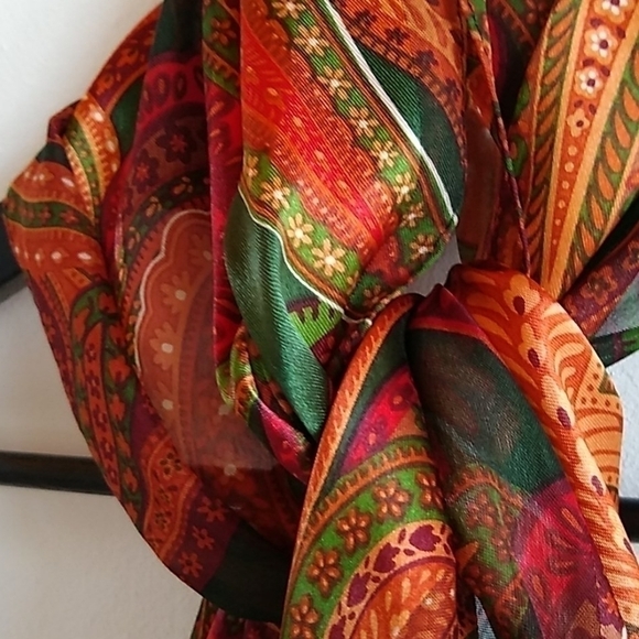 Chiffon & Satin Scarf Paisley Green Red Golds Sheer Light Lovely Classic - Picture 2 of 6